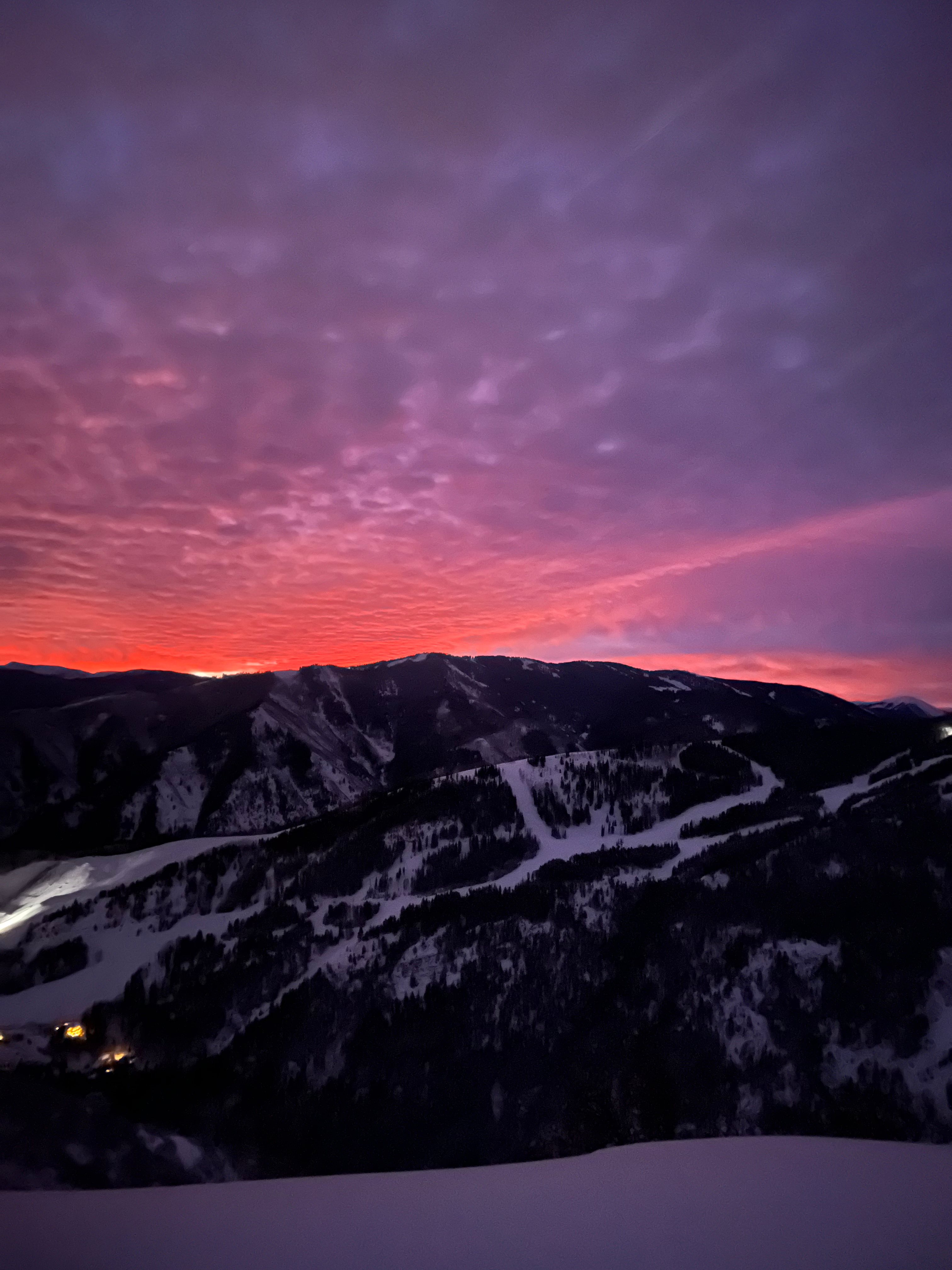 Sunset over the snow-covered mountains near Aspen, Colorado